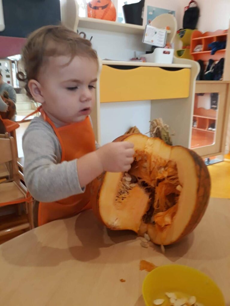 PHOTO D'UN ENFANT DE LA CRÈCHE DES MINI ENTRAIN DE PRÉPARER UNE CITROUILLE POUR HALLOWEEN